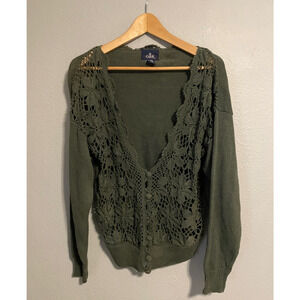 Vintage Womens Cardigan Large Green Floral Crochet Fairy Cottagecore Boho 90s